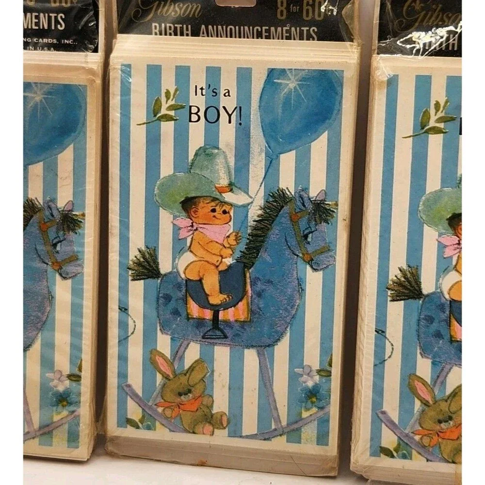 24 Vintage 1950s 60s Gibson Baby Boy Birth Announcements Ranch Hand NOS